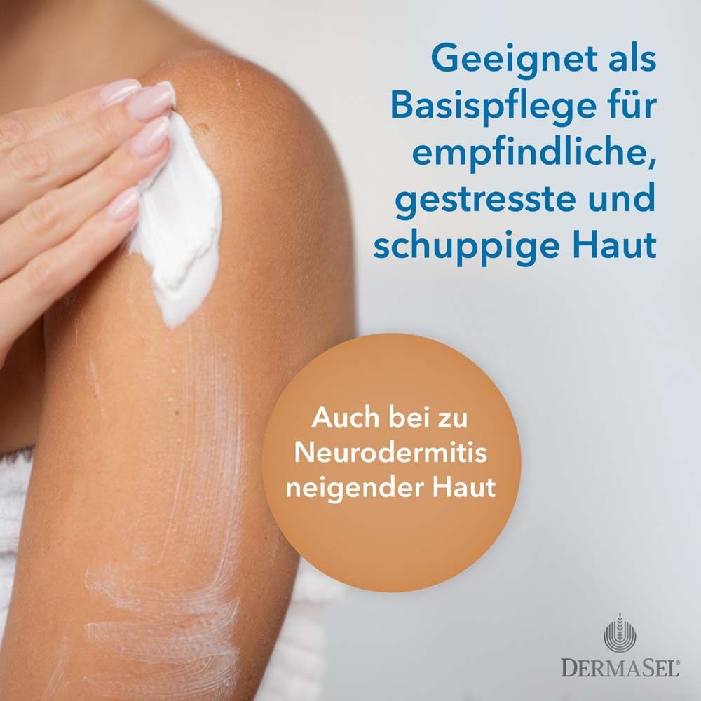 Frau trägt Lotion auf. Text: Geeignet als Basispflege für empfindliche, gestresste Haut.