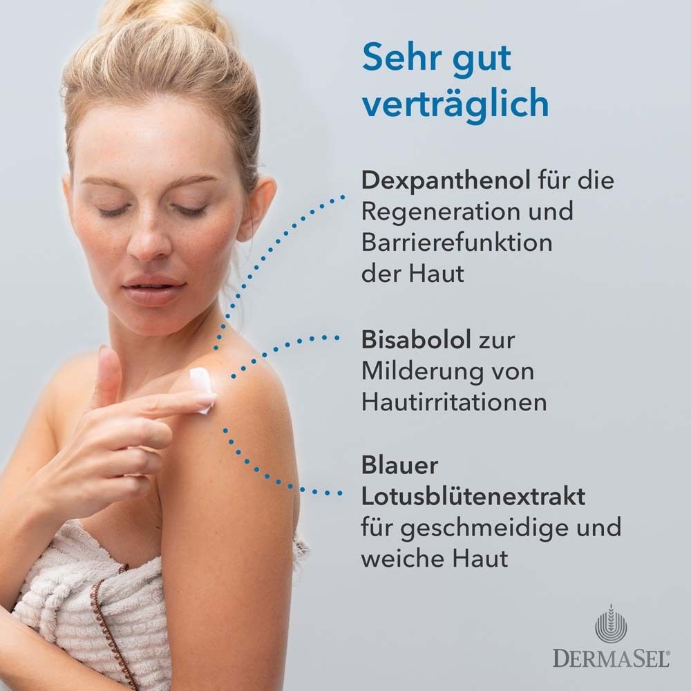 Frau trägt Lotion auf. Text: Dexpanthenol, Bisabolol, blauer Lotus. Für geschmeidige Haut.