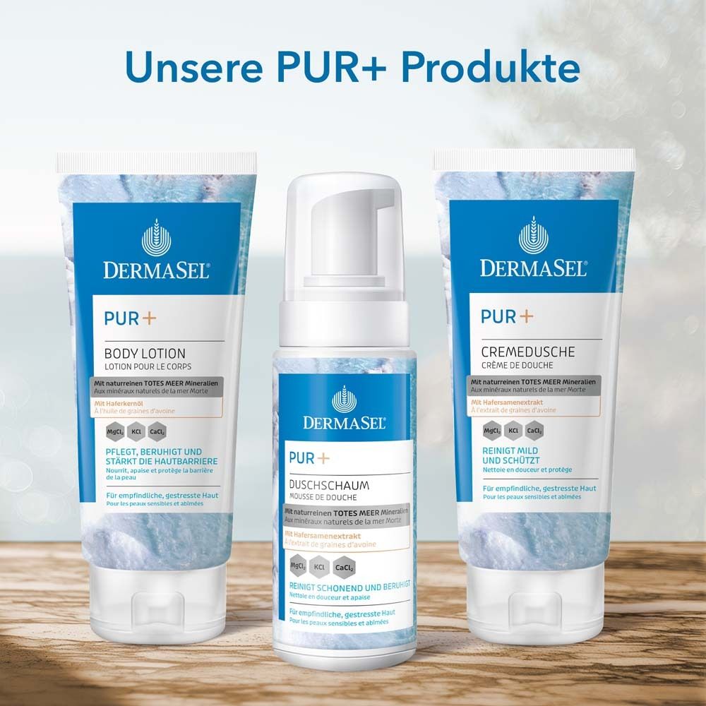 Drei Produkte: Body Lotion, Duschschaum, Cremedusche. Marke: DermaSel® PUR+.