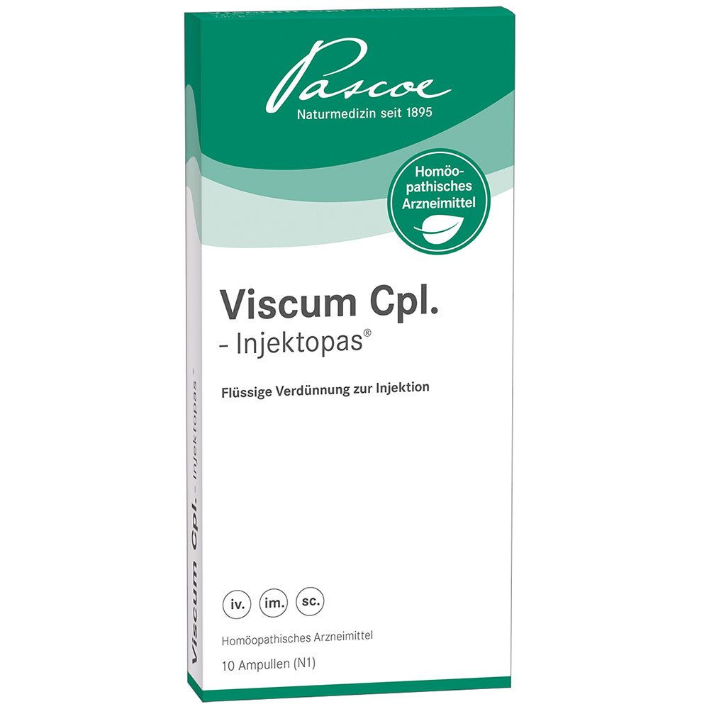 Karton mit Viscum Cpl. - Injektopas®. Grün-weißes Design. Pascoe-Logo. Homöopathisches Arzneimittel. 10 Ampullen.
