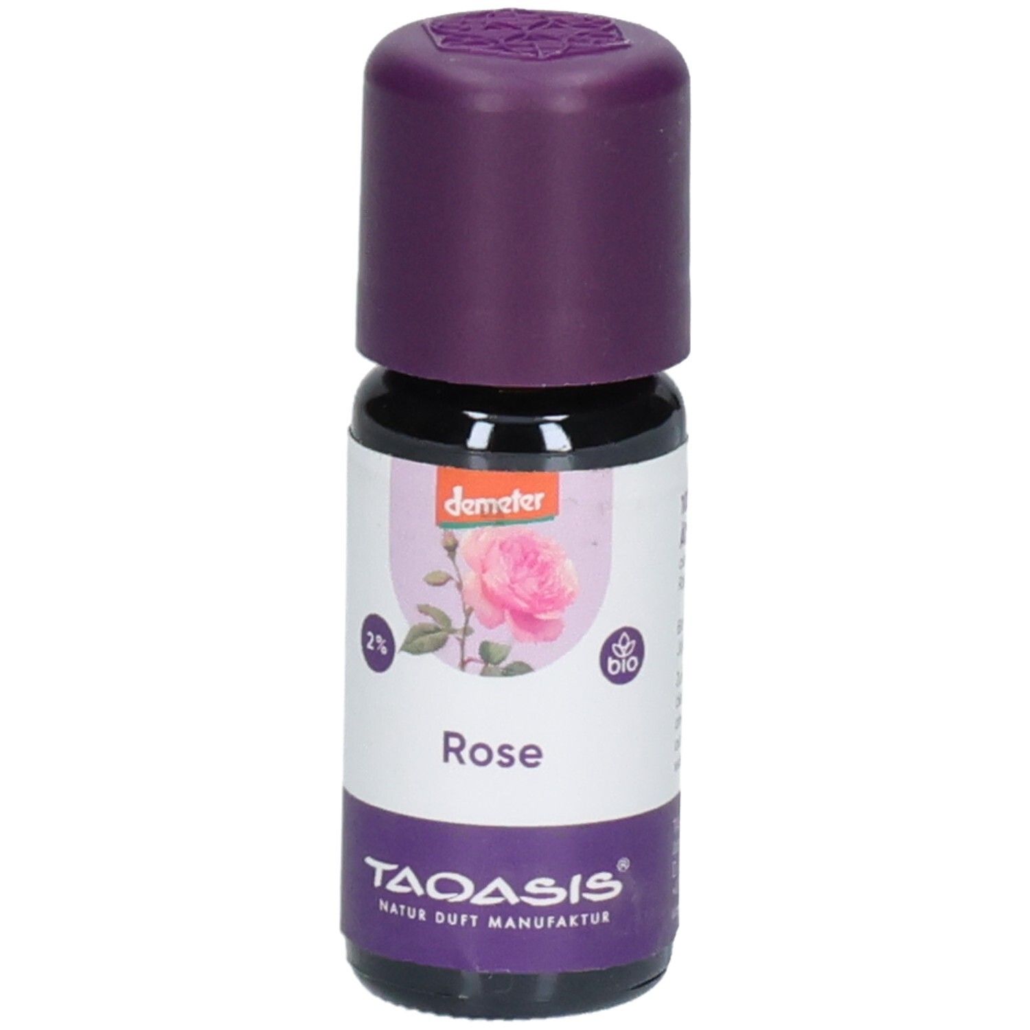Kleine Glasflasche mit lila Verschluss. Etikett mit Rose, Text: Rose, 2%, TAOASIS, Demeter-Logo.