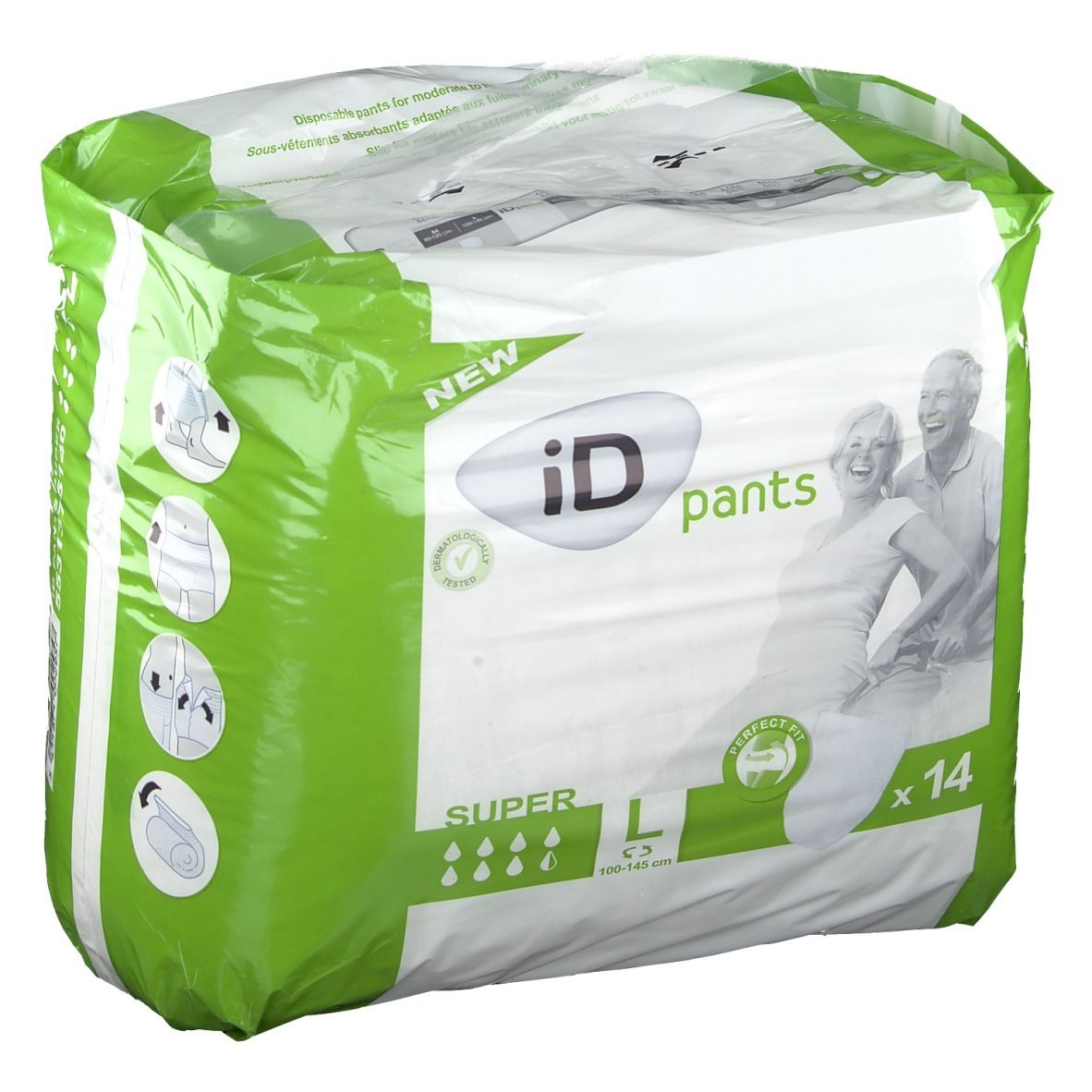 Verpackung iD Pants Super Gr. L. Grün-weiße Verpackung mit Produktabbildung und Aufdrucken. Enthält 14 Stück.