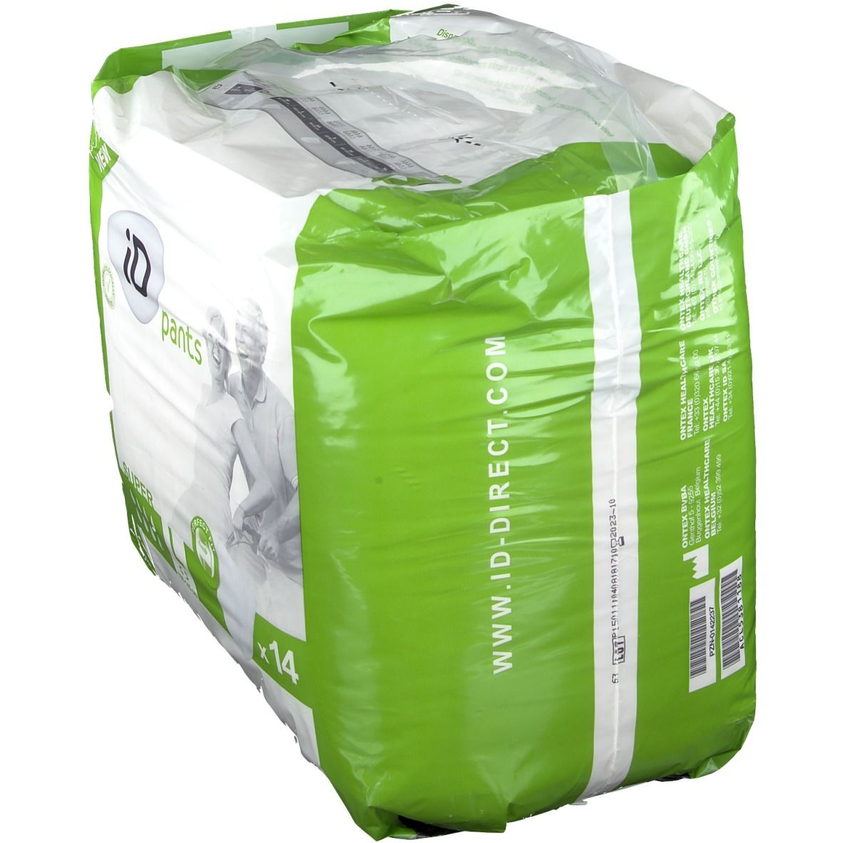 Verpackung iD Pants Super Gr. L. Rückseite mit Produktinformationen und Logo. Text: ID-DIRECT.COM.