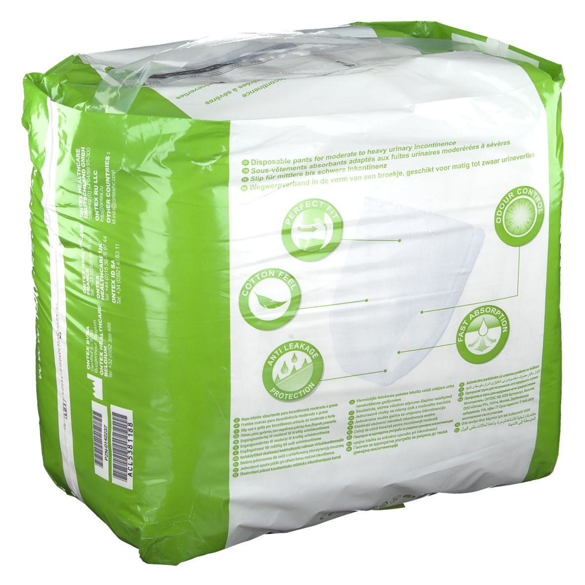 Rückseite der iD Pants Super Gr. L Verpackung. Informationen zu Saugfähigkeit, Baumwolle, Auslaufschutz und schneller Absorption.