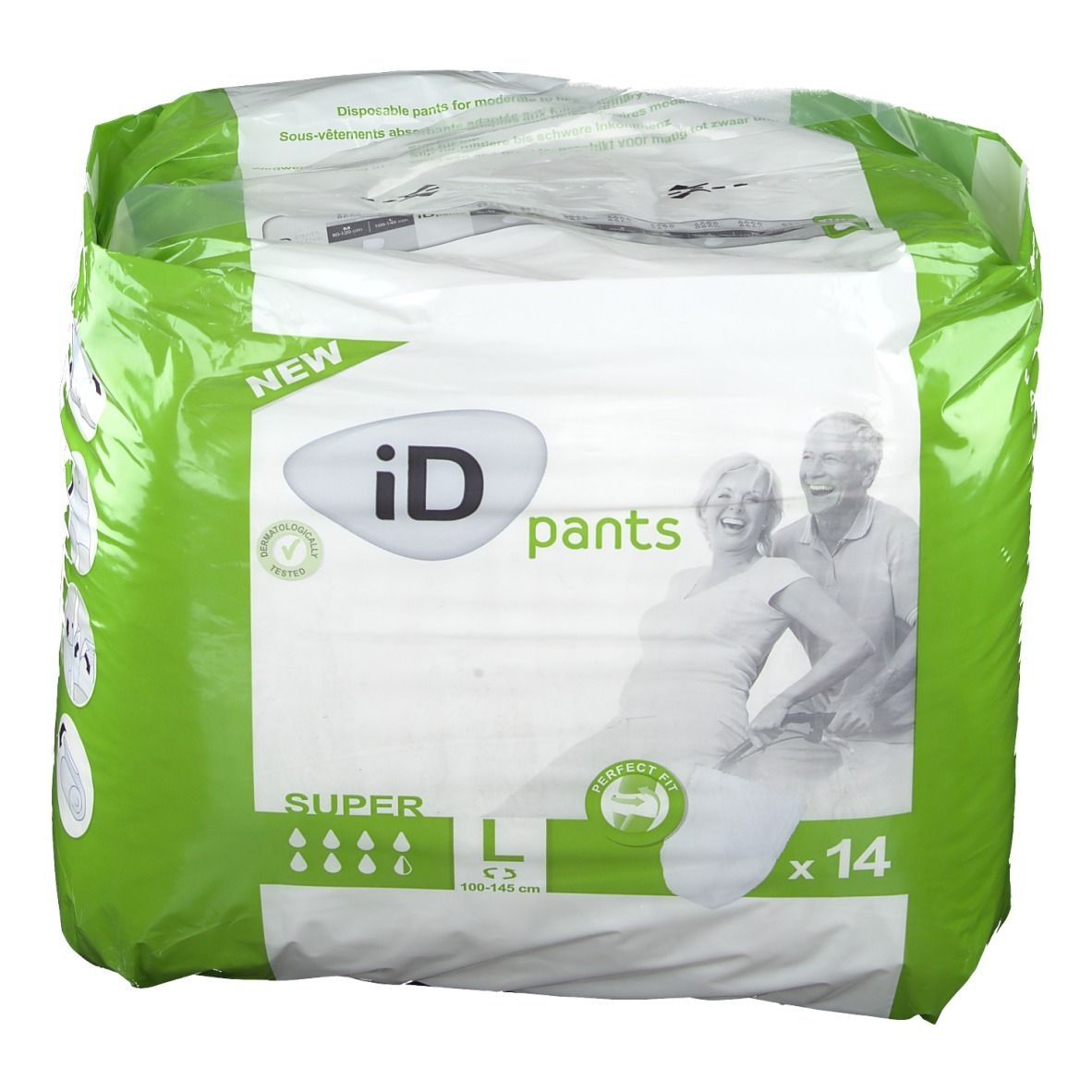 iD Pants Super Gr. L Verpackung. Grün-weiße Verpackung mit Produktabbildung. Größe L, 100-145 cm, 14 Stück.