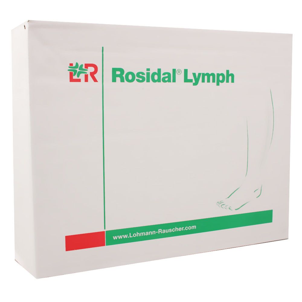 Weiße Verpackung mit grünem und rotem Logo. Aufschrift: Rosidal Lymph. Illustration eines Beins. Website-Adresse.