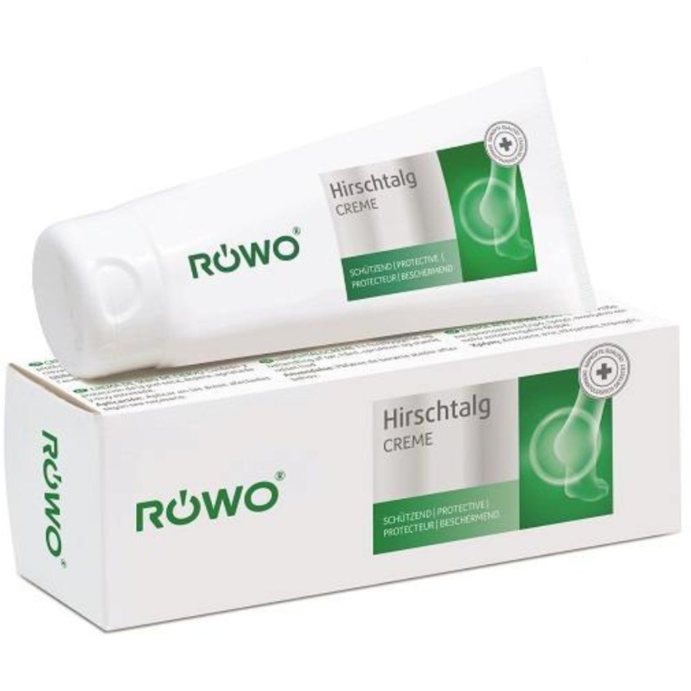 Röwo Hirschtalgsalbe Tube und Kartonverpackung mit Schutzsiegel-Symbol.