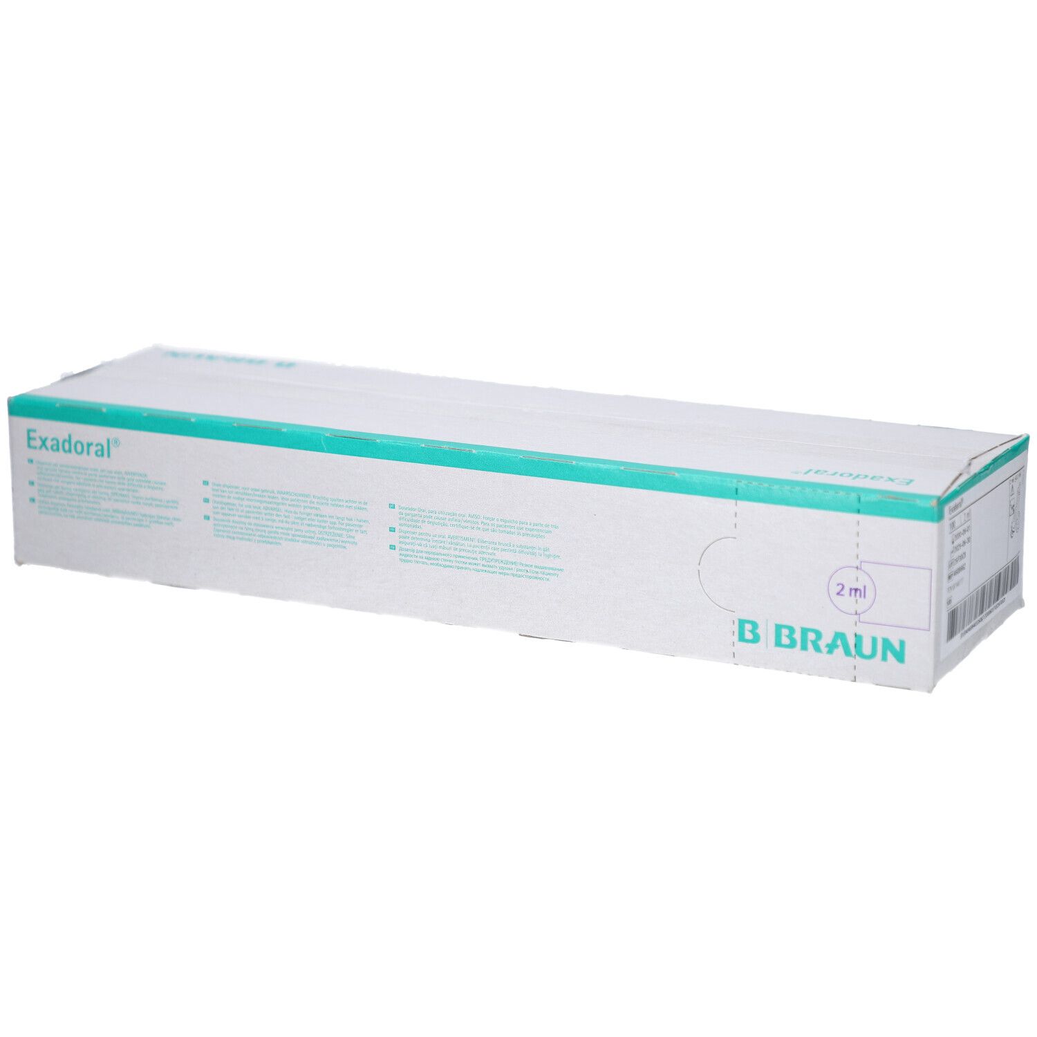 Kartonverpackung von B. Braun Exadoral® Einmalspritze. Weiß mit türkisfarbenen Akzenten. Produktname und Marke deutlich sichtbar.