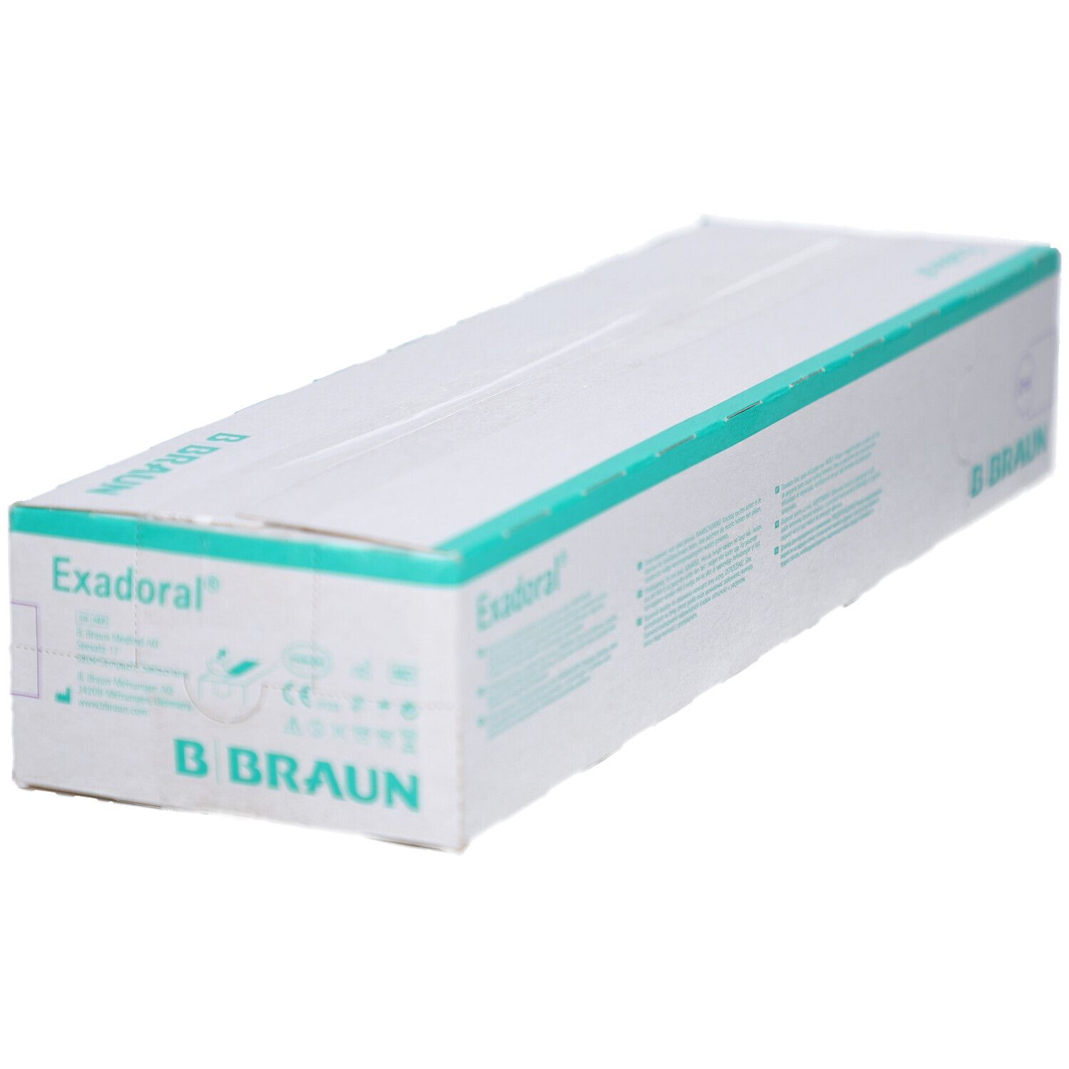 Kartonverpackung von B. Braun Exadoral® Einmalspritze. Weiß mit türkisfarbenen Akzenten. Produktname und Marke deutlich sichtbar.