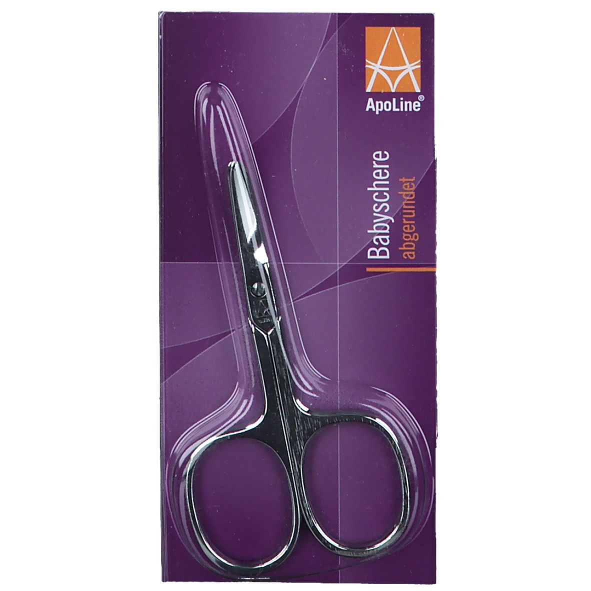 Babyschere in Blisterverpackung. Produktname: ApoLine Babyschere. Lila Verpackung mit Produktabbildung.