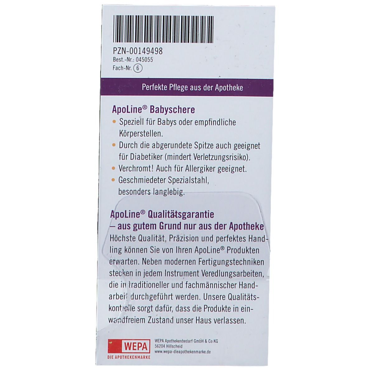 Rückseite der Verpackung. Text: ApoLine Babyschere. Produktinformationen und Qualitätsgarantie.