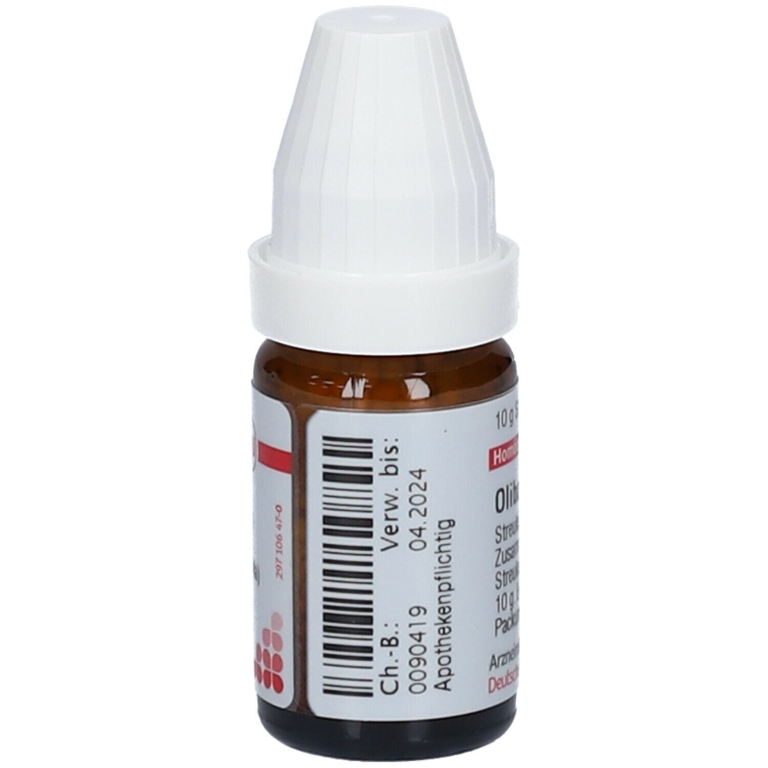 Braune Glasflasche mit weißem Deckel. Beschriftung: Olibanum (i) D6, Verwendbar bis 04.2024.