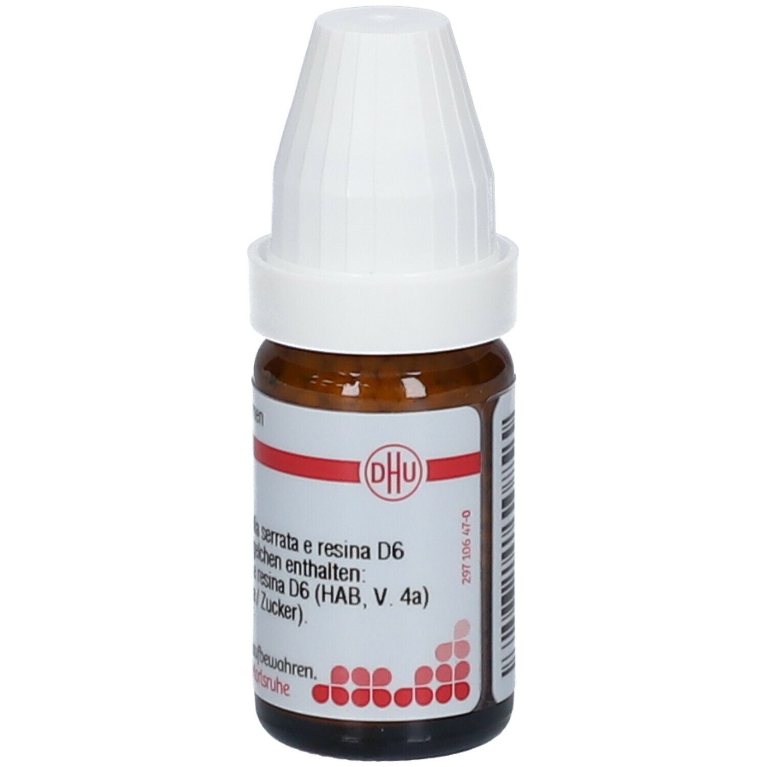 Braune Glasflasche mit weißem Deckel. Beschriftung: Olibanum (i) D6, DHU Logo.