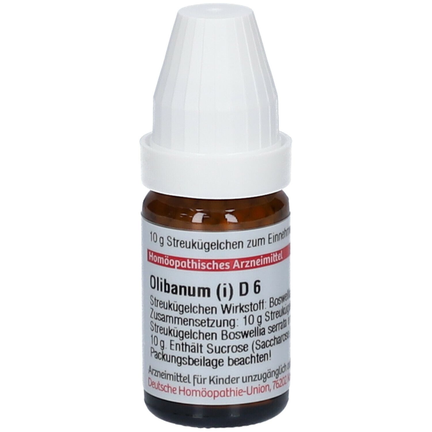 Braune Glasflasche mit weißem Deckel. Beschriftung: Olibanum (i) D6, 10 g Streukügelchen.