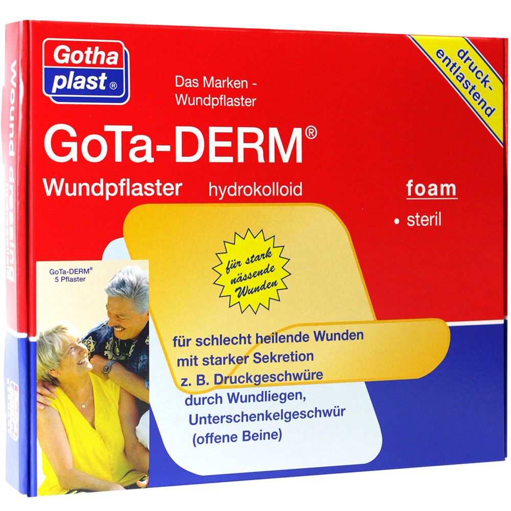 Verpackung von GoTa-DERM Wundpflaster. Rote und blaue Box mit Produktnamen und Text. Enthält ein Foto von zwei Personen.