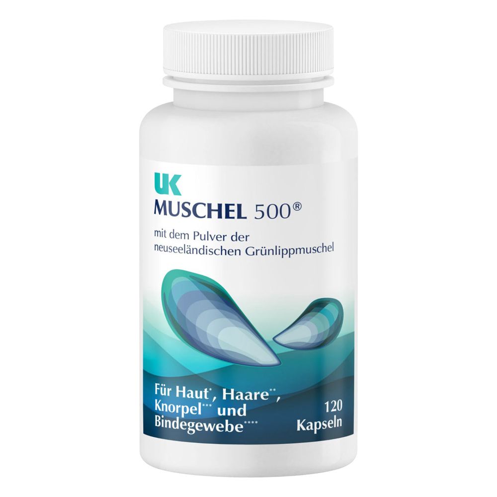 Weiße Flasche mit Kapseln. Aufschrift: UK Muschel 500. Für Haut, Haare, Knorpel und Bindegewebe. 120 Kapseln.