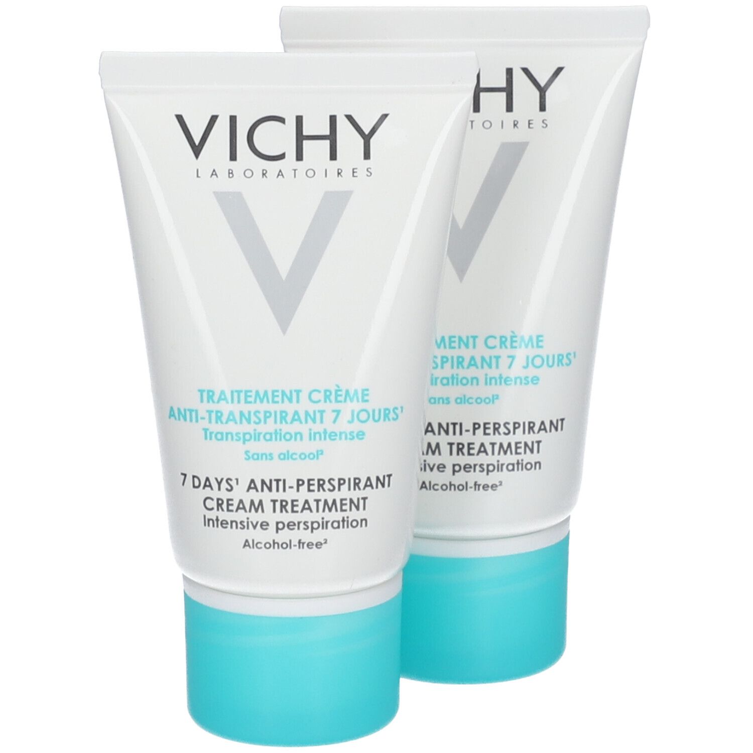 Verpackung für Deodorant Creme. Marke VICHY. Doppelpack mit 20% Preisvorteil. Aufschrift: Anti-Transpirant Creme.