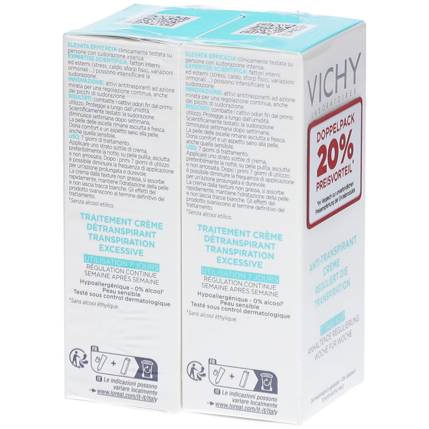 Zwei Verpackungen für Deodorant Creme. Marke VICHY. Doppelpack mit 20% Preisvorteil. Aufschrift: Anti-Transpirant Creme.