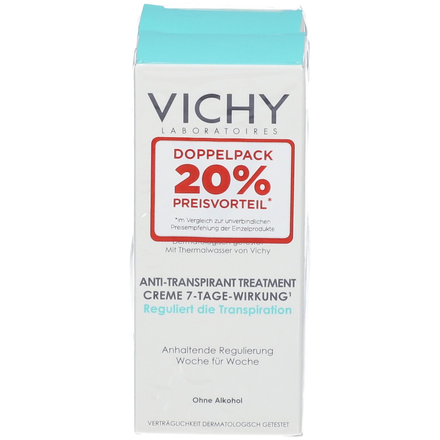 Zwei Verpackungen für Deodorant Creme. Marke VICHY. Aufschrift: Anti-Transpirant Creme. 7 Tage Wirkung.
