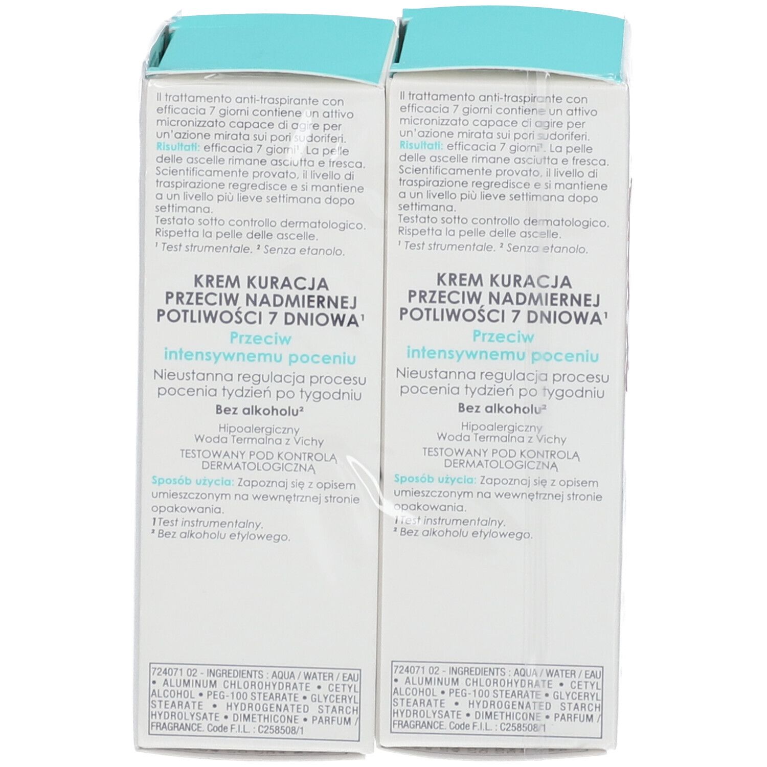 Verpackung für Deodorant Creme. Marke VICHY. Doppelpack mit 20% Preisvorteil. Aufschrift: Anti-Transpirant Creme.