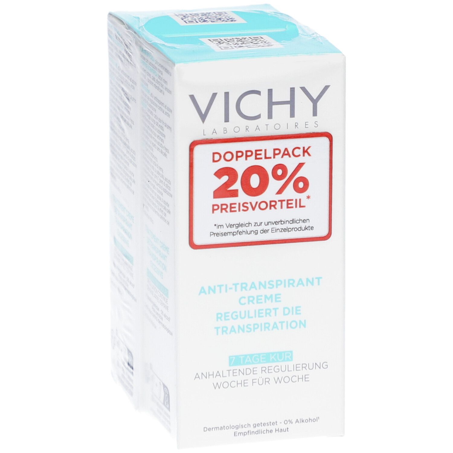 Verpackung für Deodorant Creme. Marke VICHY. Doppelpack mit 20% Preisvorteil. Aufschrift: Anti-Transpirant Creme.