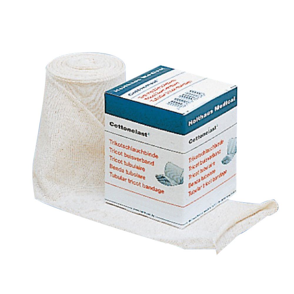 Trikotschlauchbinde und Verpackung. Weißes, gerolltes Textil neben einer weißen Box mit blauer Schrift. Aufschrift: Cottonelast.