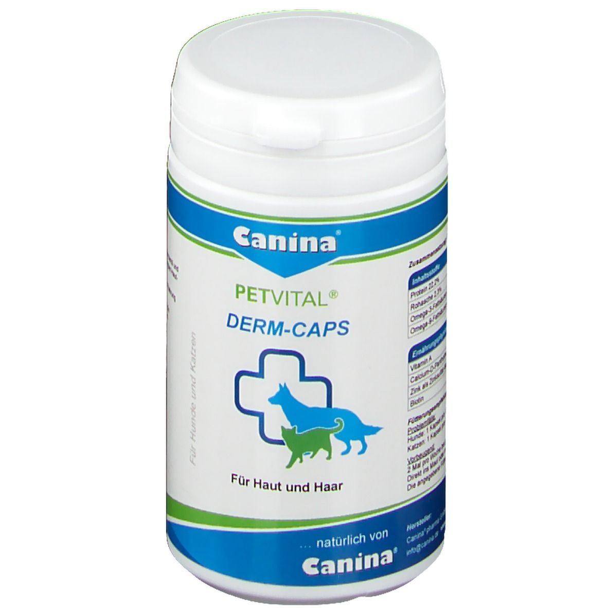 Weiße Dose mit blau-grüner Beschriftung. Aufschrift: PETVITAL DERM-CAPS. Logo mit Hund und Katze. Für Haut und Haar. Marke: Canina.