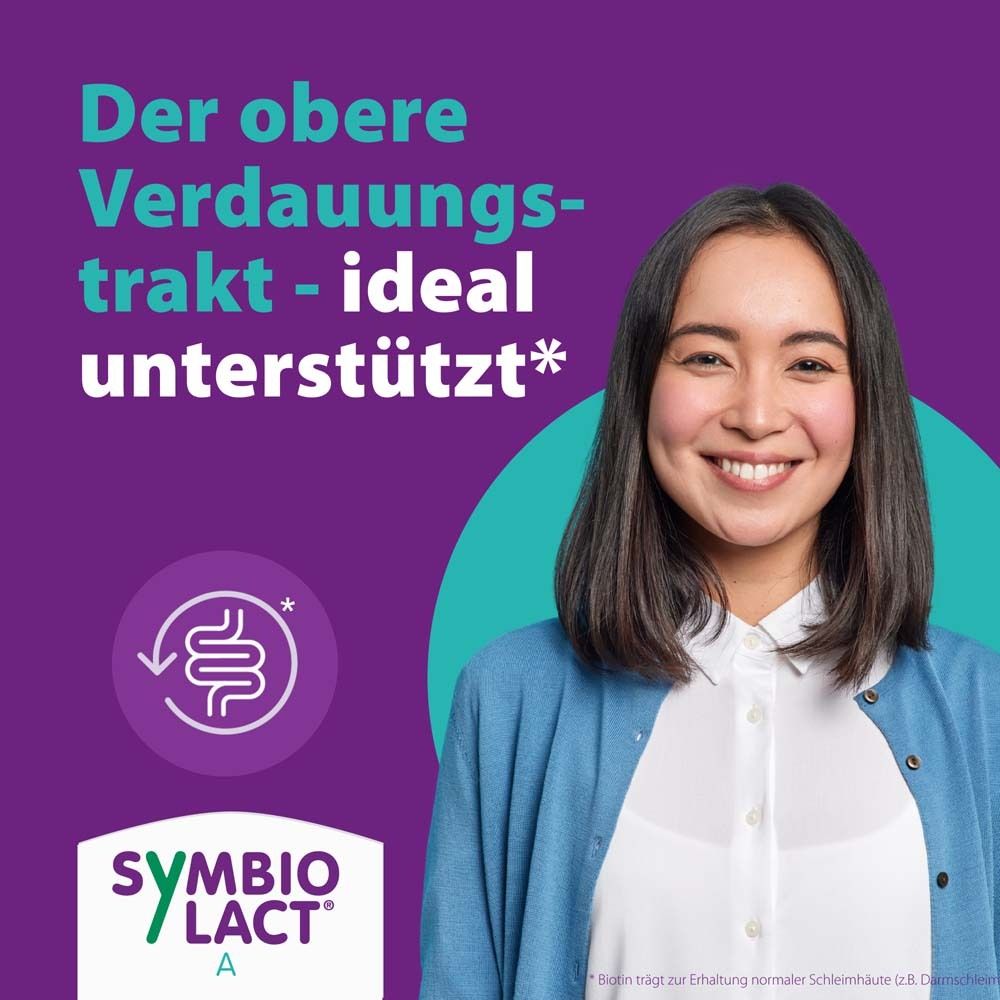Frau lächelt. Text: Der obere Verdauungstrakt - ideal unterstützt*. SymbioLact A Logo.