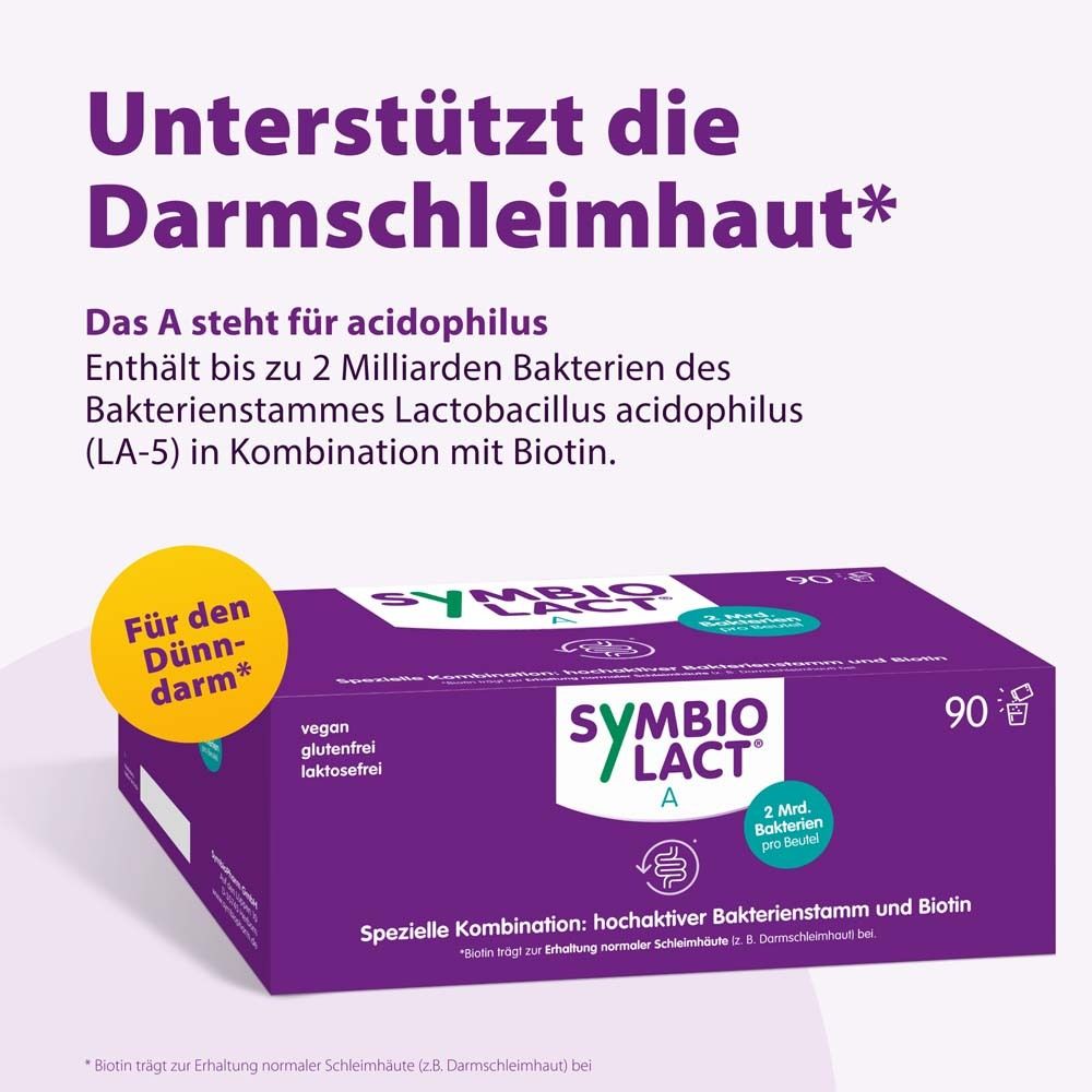 Violette Schachtel SymbioLact A. Vegan, glutenfrei, laktosefrei. 90 Beutel. Text: Unterstützt die Darmschleimhaut*.