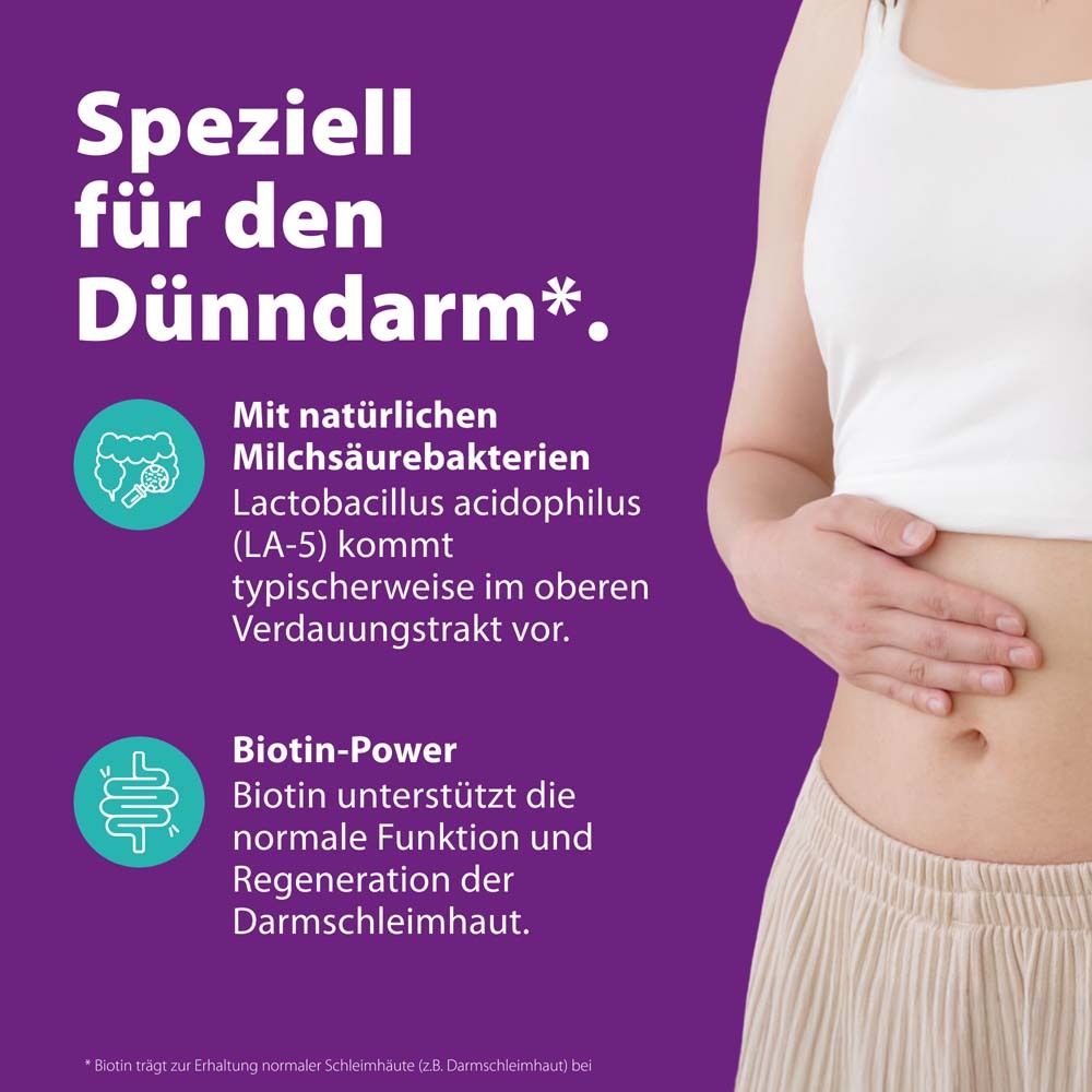 Text: Speziell für den Dünndarm*. Frau berührt Bauch. Text: Mit Milchsäurebakterien, Biotin-Power.