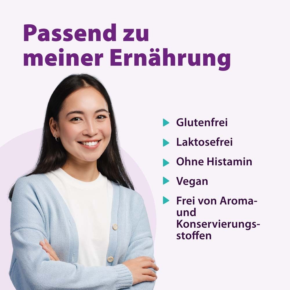 Frau lächelt. Text: Passend zu meiner Ernährung. Glutenfrei, laktosefrei, ohne Histamin, vegan, frei von Aroma- und Konservierungsstoffen.