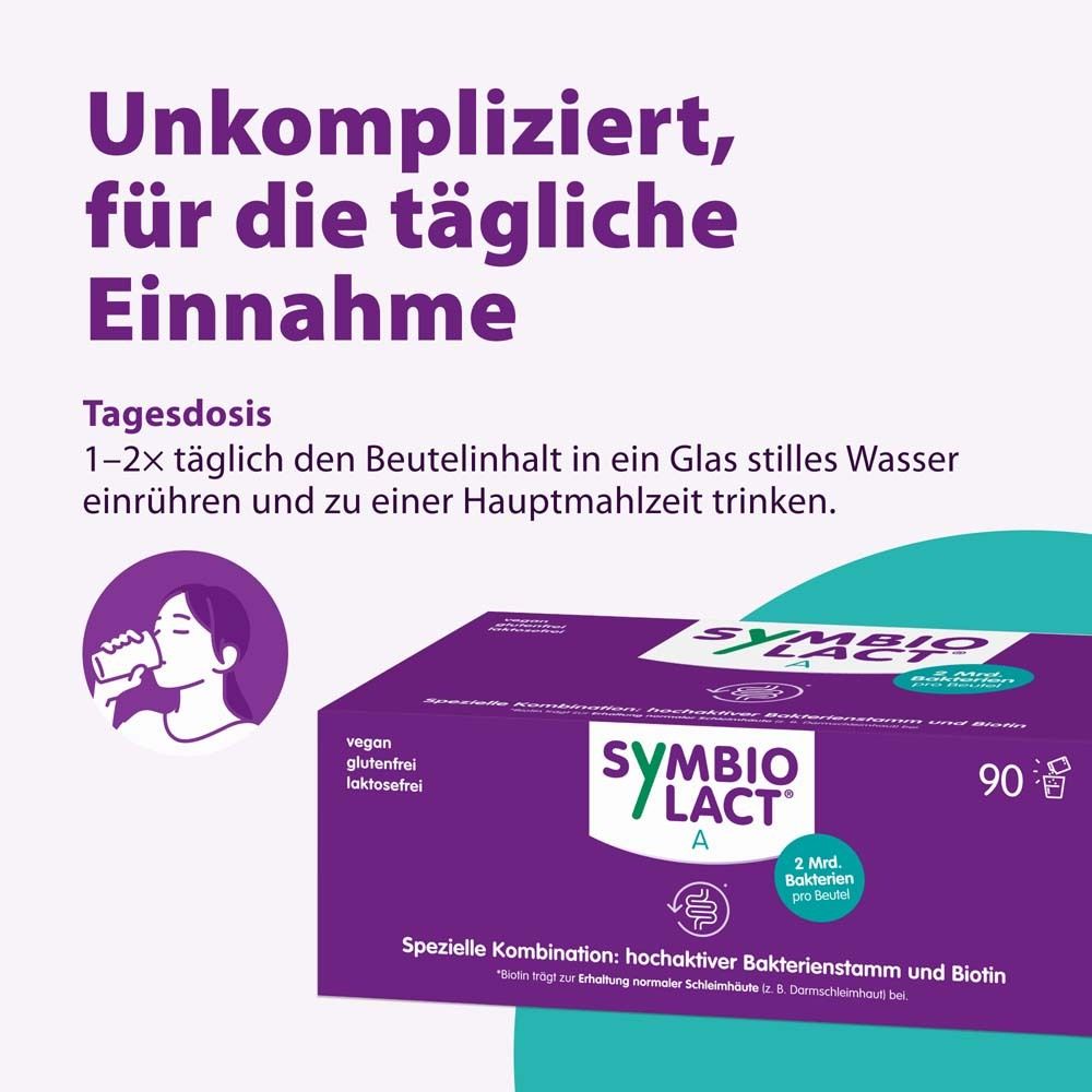 Violette Schachtel SymbioLact A. 90 Beutel. Text: Unkompliziert, für die tägliche Einnahme. Person trinkt aus Glas.