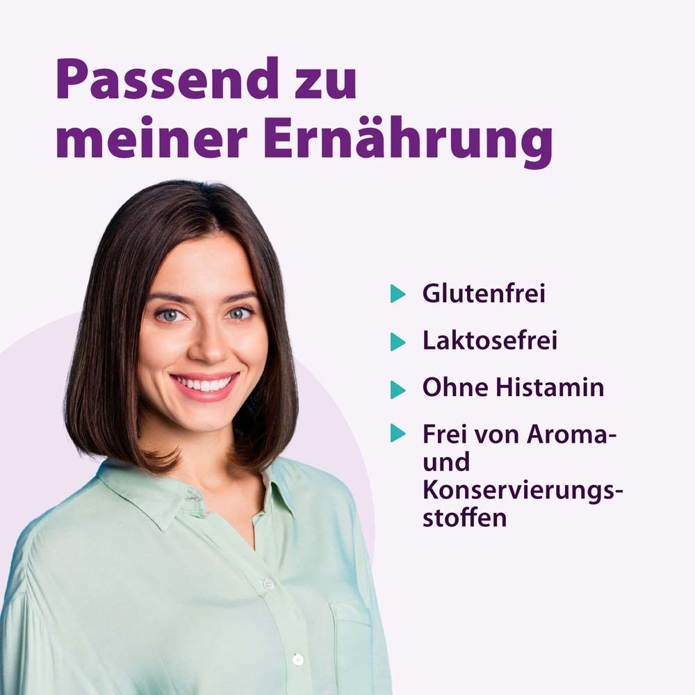 Frau lächelt. Text: Passend zu meiner Ernährung. Aufzählung: Glutenfrei, Laktosefrei, Ohne Histamin, Frei von Aroma- und Konservierungsstoffen.