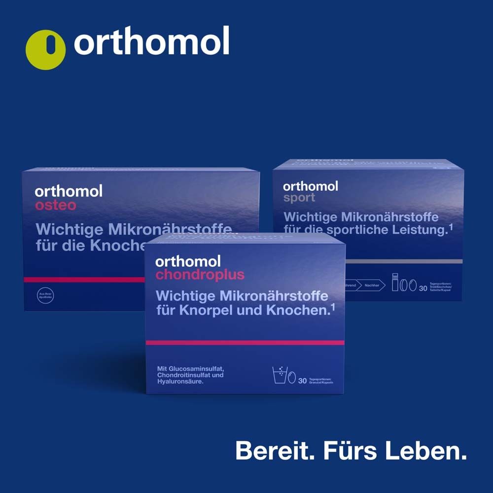 Drei "orthomol"-Schachteln: osteo, sport, chondroplus. Text: Wichtige Mikronährstoffe. Bereit. Fürs Leben.