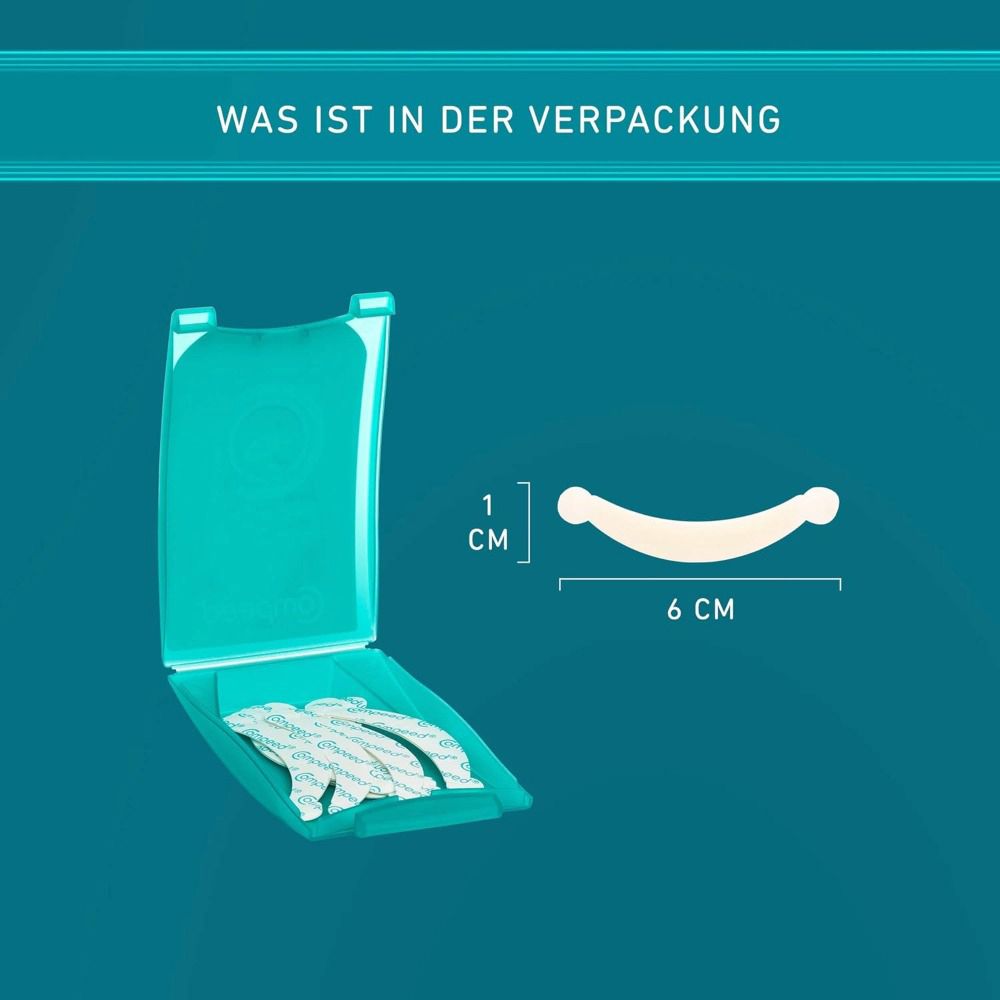 Geöffnete Packung Compeed Fingerrisse Pflaster. Zeigt Pflaster und Abmessungen: 1 cm x 6 cm.