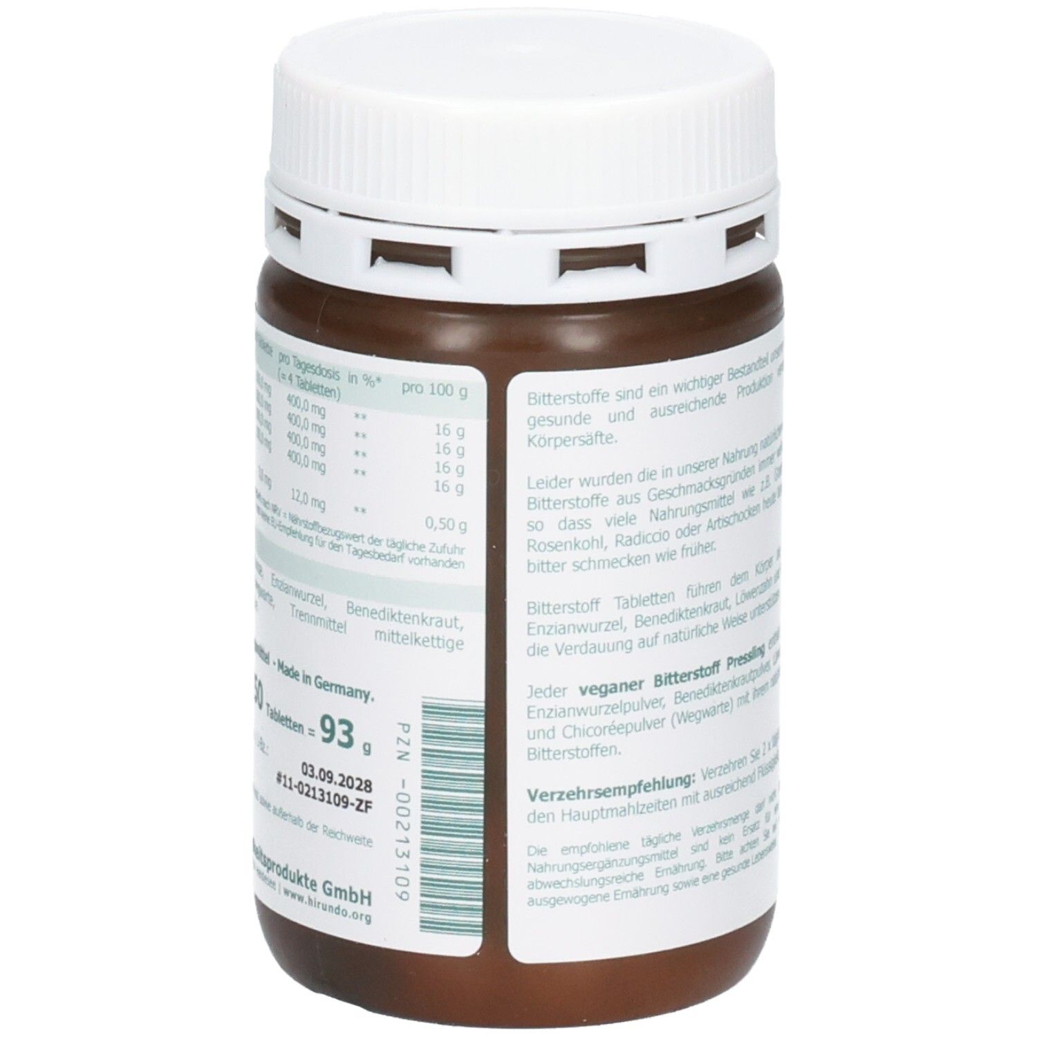 Braune Dose mit weißem Deckel. Rückseite mit Text und Nährwertangaben. Aufschrift: Bitterstoff Presslinge, 93 Tabletten.