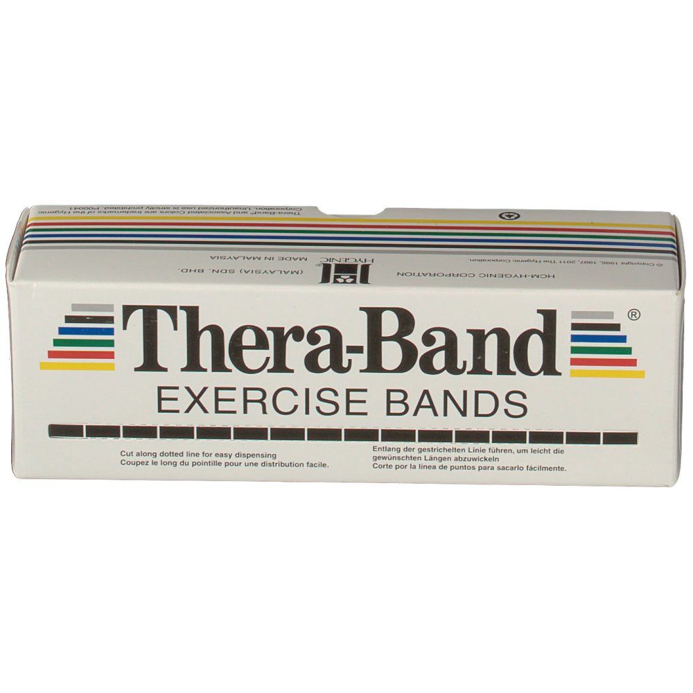 Thera-Band-Box. Aufschrift: Exercise Bands. Mehrfarbige Streifen. Zum einfachen Schneiden. Weißer Karton.