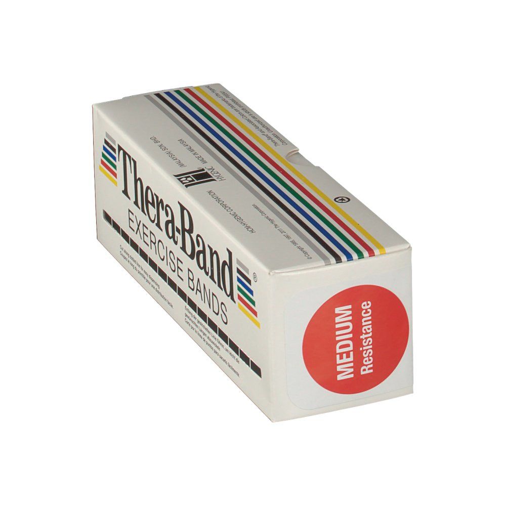 Thera-Band-Box. Aufschrift: Exercise Bands. Roter Aufkleber: Medium Resistance. Mehrfarbige Streifen. Weißer Karton.