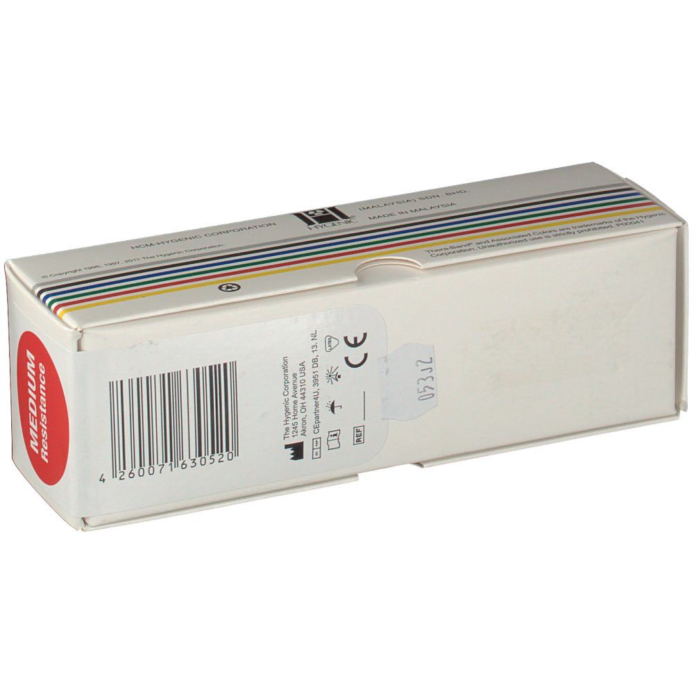 Thera-Band-Box. Roter Aufkleber: Medium Resistance. Barcode und Informationen. Mehrfarbige Streifen. Weißer Karton.