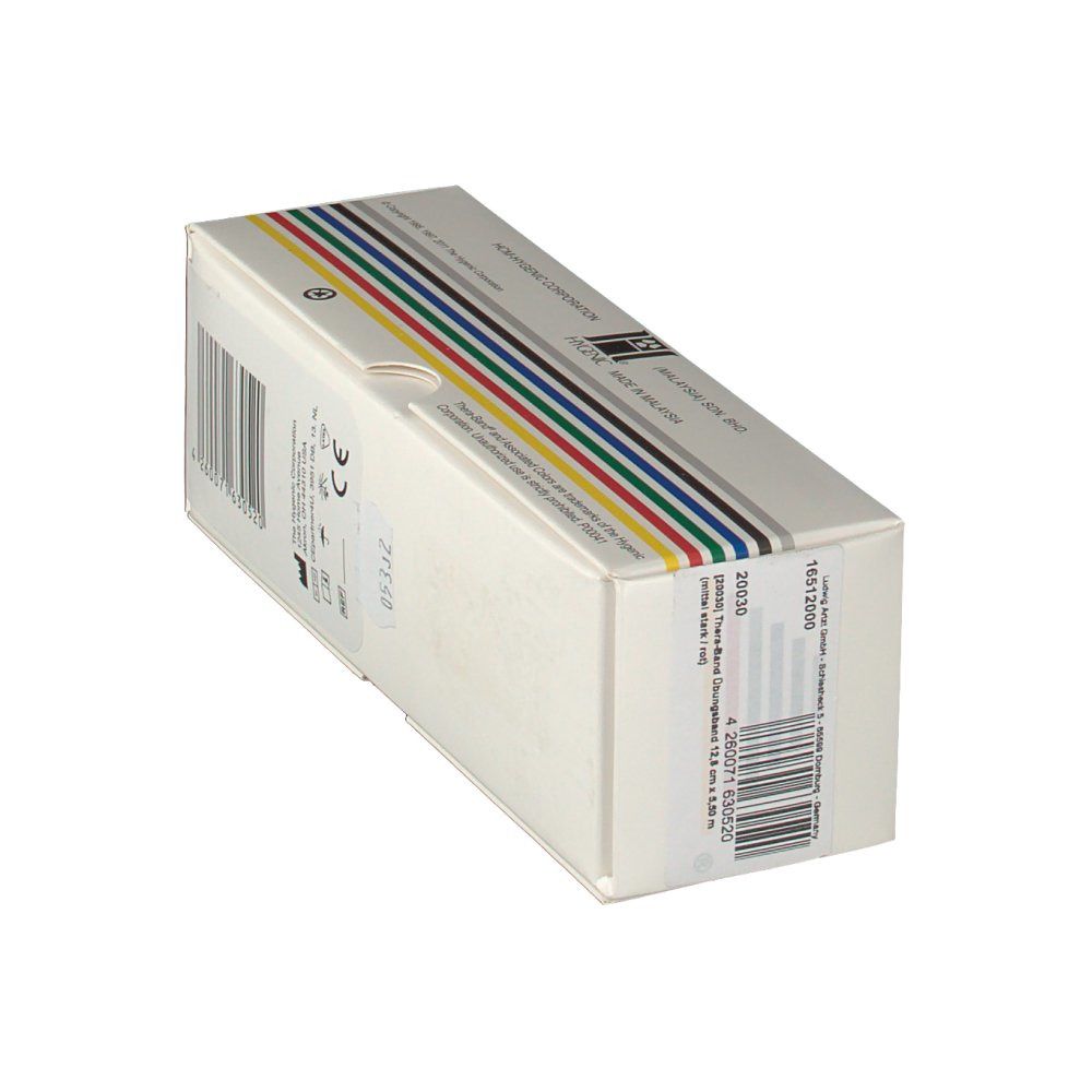 Thera-Band-Box. Barcode und Informationen. Mehrfarbige Streifen. Weißer Karton. Schräge Ansicht.