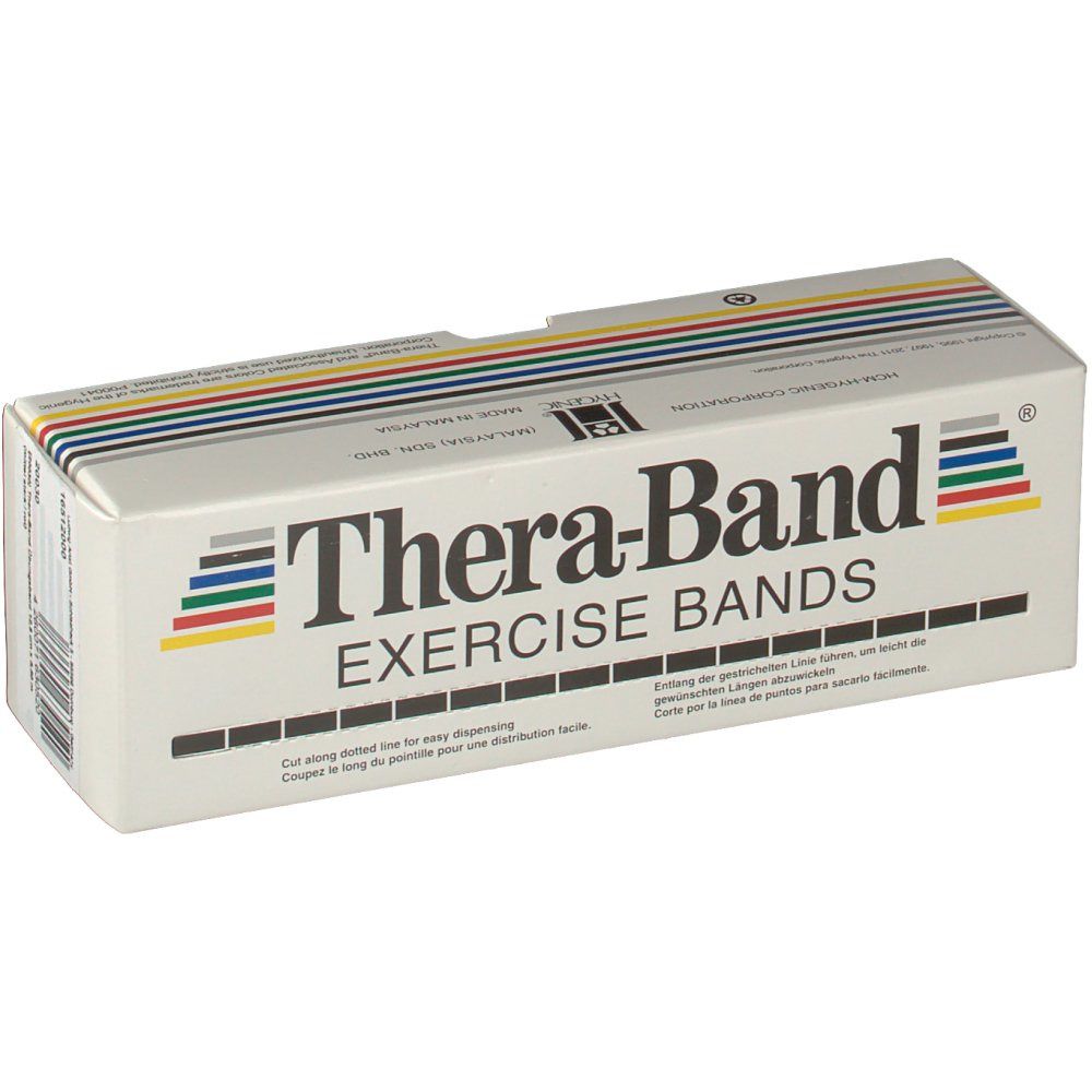 Thera-Band-Box. Aufschrift: Exercise Bands. Mehrfarbige Streifen. Zum einfachen Schneiden. Weißer Karton.