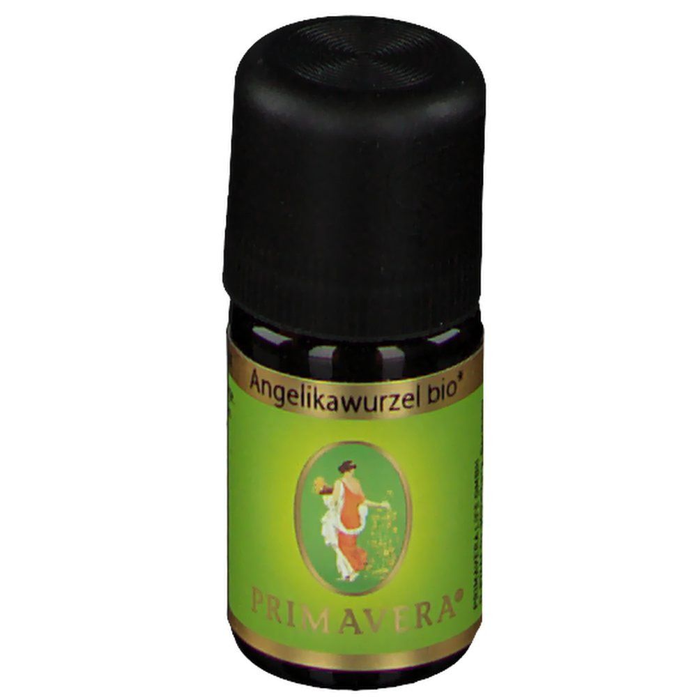 Kleine Glasflasche mit schwarzem Schraubverschluss. Grüne Banderole mit "Angelikawurzel bio" und "PRIMAVERA" Schriftzug.
