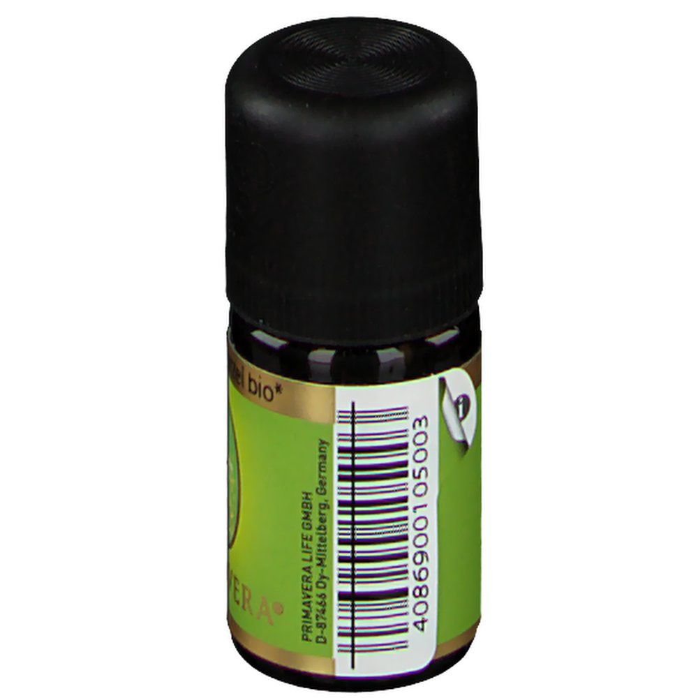 Braune Glasflasche mit schwarzem Schraubverschluss, Etikett mit Barcode und Produktinformationen.