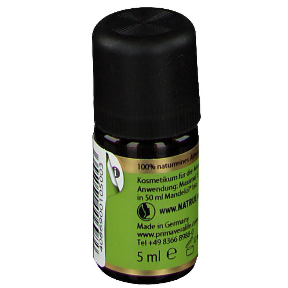 Kleine braune Glasflasche mit schwarzem Schraubverschluss, 5 ml Inhalt. Grüne Etikettierung mit Text.
