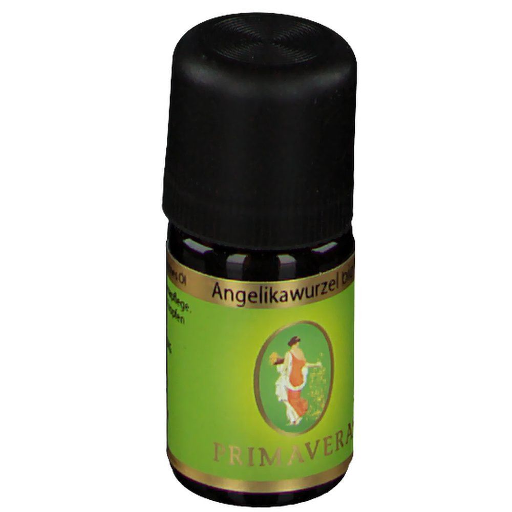 Kleine grüne Glasflasche mit schwarzem Schraubverschluss. Etikett mit goldener Schrift und Abbildung zweier Frauen.