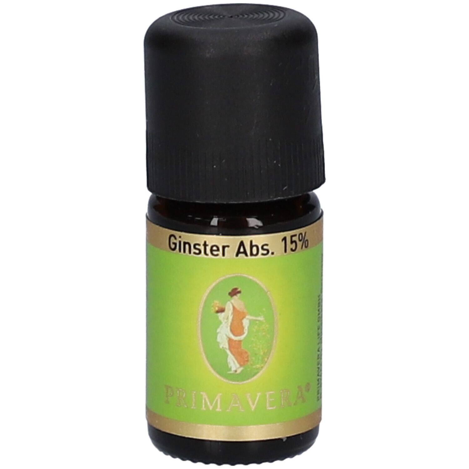 Braune Glasflasche mit schwarzem Deckel. Etikett mit "Ginster Abs. 15%" und "PRIMAVERA".