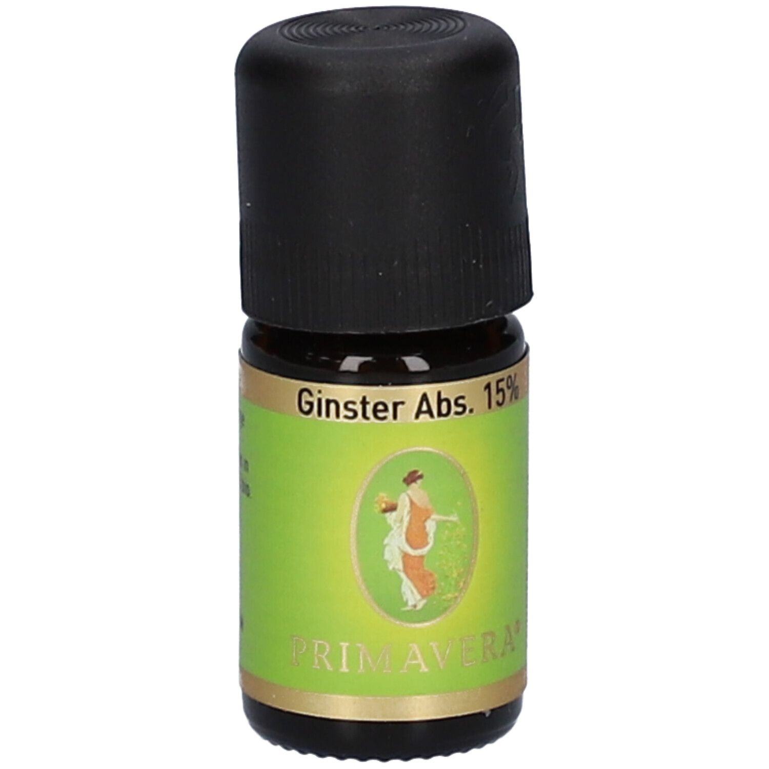 Braune Glasflasche mit schwarzem Deckel. Etikett mit "Ginster Abs. 15%" und "PRIMAVERA".