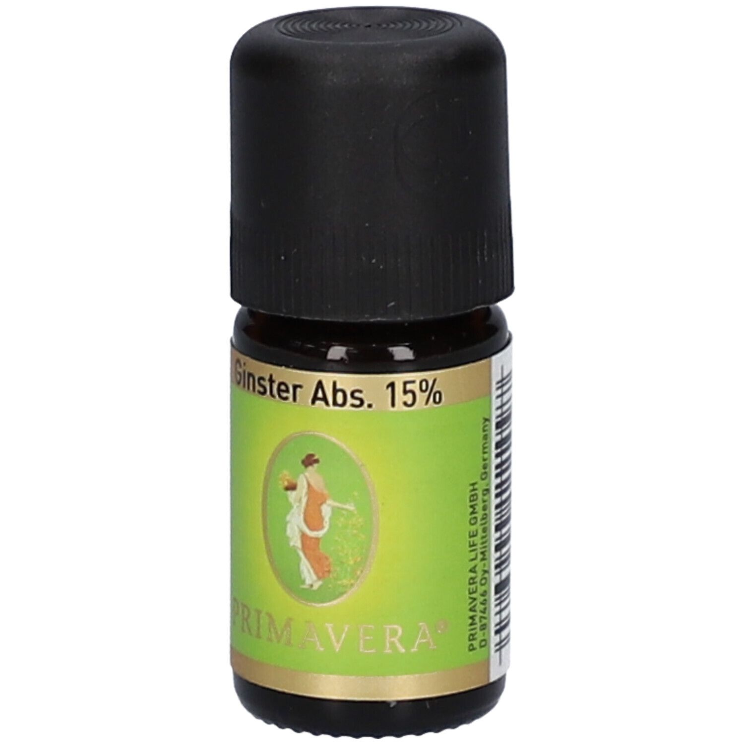 Braune Glasflasche mit schwarzem Deckel. Etikett mit "Ginster Abs. 15%" und "PRIMAVERA".