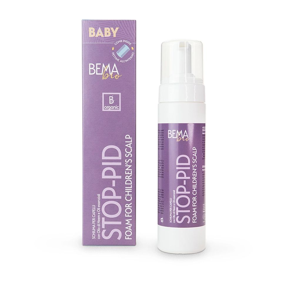 BEMA Bio STOP-PID Schaum für Kinder. Flasche und Schachtel. Lila und weiß. Baby-Logo. Enthält ätherische Öle.