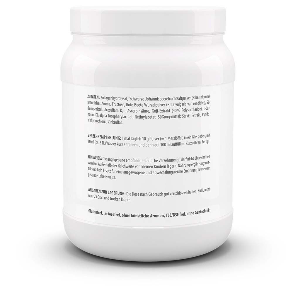 Weiße Dose mit Zutatenliste und Anwendungshinweisen. Enthält Kollagen, Johannisbeere, Stevia. Trocken lagern.